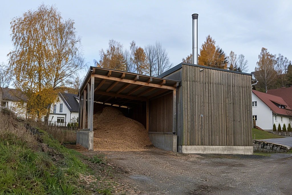 Kleine Heizzentrale mit Hackschnitzellager am Dorfrand im Herbst